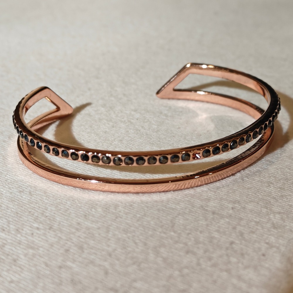 Rose Gold Double Band Cuff Bracelet Gray Crystal Pavé Geometric Asymmetrical